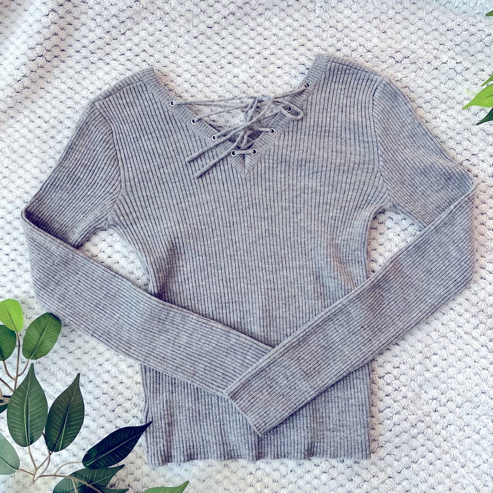 Gray Knit Corset V-Neck Sweater